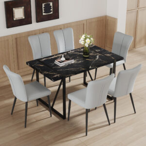 Table and chair set.Modern Black Marble Pattern MDF Dining Set - 55"x31.4"with 6 Light Gray PU chairs with a vertical stripe design on the backrest.Suitable for kitchen,Dining room,etc