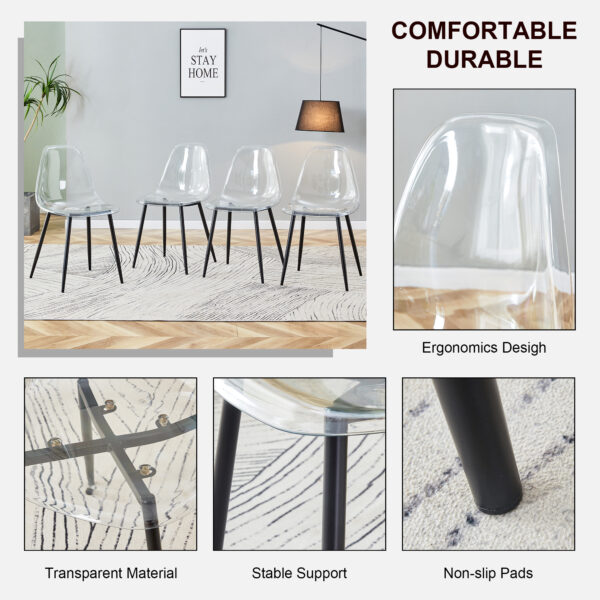 766c27c8578a40599454ab523c48c807_20231016_948b665c96e0b8e3b8ab0223c7128bd5 Modern minimalist transparent dining chair, plastic chair, armless crystal chair, Nordic creative makeup stool, negotiation chair, set of 4 pieces, black metal legs,TW-1200
