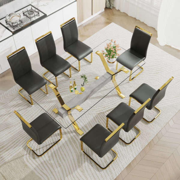 7679aa86c9d0425390598852ae1d2b3b_20230821_3ce1b81a5ad287309a47161fe59637e4 Dining table. Modern tempered glass dining table. Large modern office desk with gold plated metal legs and MDF crossbars, suitable for both home and office use. Kitchen. 79 ''x39''x30 '' 1105
