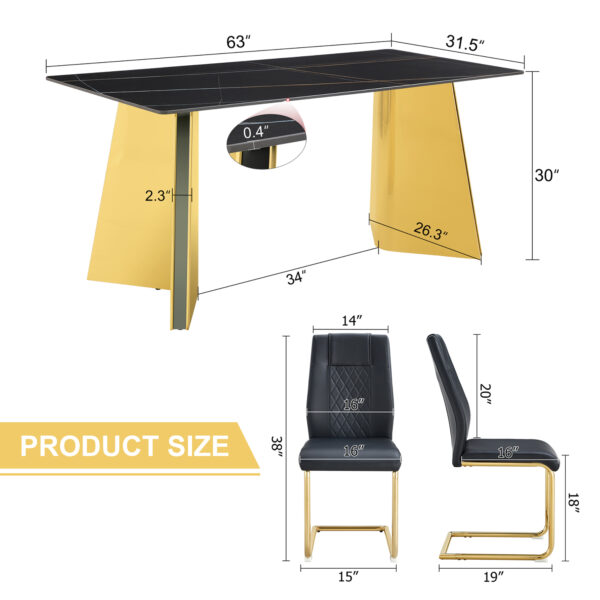 768a1f1bc87347168211470f6ff8db2c_8eed4fe0721ce511a0dcc636c44ac9ca Table and chair set.63"x31.5x30"Black Texture With Lines Patterned Sintered Stone Table with Golden Stainless Steel Butterfly Legs.Paried With 4 Black High-quality PU Chairs With Golden Metal Legs.