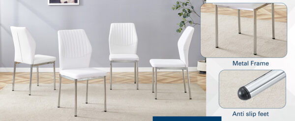 7692125a7e5b4adba41cef0cb926ca25_2986cf48ae3657311bd625a216e52648 Luxury Simple Chair - Set of 6 White PU Material High Resilience Dining Chair with Metal Silver Leg.The Chair Back Has a Vertical Stripe Design With Smooth And Uniform Lines.