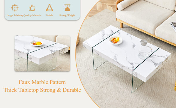76ac036dd9144017b492e20cf5a68af1_94eaacfe19fa5e8e89509d9bae08b698 43.3"x23.6" White Marble-Patterned MDF Coffee Table with Tempered glass legs.Suitable for Living Room.It can be used not only as a coffee table but also as a side table or display stand.