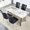 Table and chair set.63"x31.5x30" Luxurious Pandora patterned Sintered Stone Tabletop with Silver Stainless Steel Legs.Paried With 4 Black PU Chairs with a vertical stripe design on the backrest.