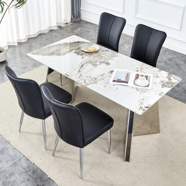 76ce117526f54f10b144bf7b2cb9153b_813d48c9fc77cf1136a83b11dcafeee2 Table and chair set.63"x31.5x30" Luxurious Pandora patterned Sintered Stone Tabletop with Silver Stainless Steel Legs.Paried With 4 Black PU Chairs with a vertical stripe design on the backrest.