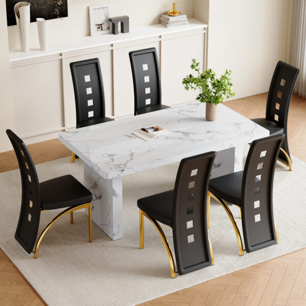 76d663e9ed5944f1b40adba47e99524d_c509a7cf14713c053effcd6f0f6e5395 Table and chair set.63"*35.4" White Imitation Marble Pattern MDF Dining Table Set - 6 PU Chair With Black Saddleback, Geometric Pattern Backrest,Golen Curved Metal Leg..Suitable For Various Scenes.