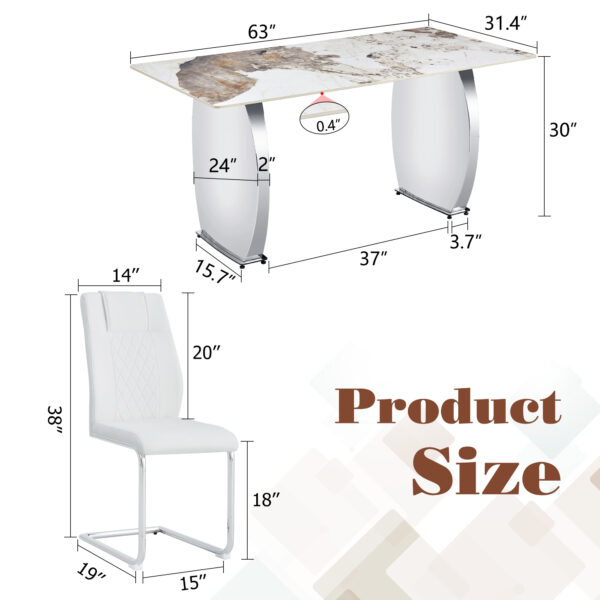 76db0c689fb3412ab850b07400cac623_874af8aee0430af33d151001d96eb3d0 Table and chair set.63*31.4 Inch Pandora Patterned Sintered Stone Dining Table Set - 6 White Chairs With Silver Metal Legs.Modern Light Luxury.Perfect For Dinner Room,Meeting Room,Kitchen,etc.