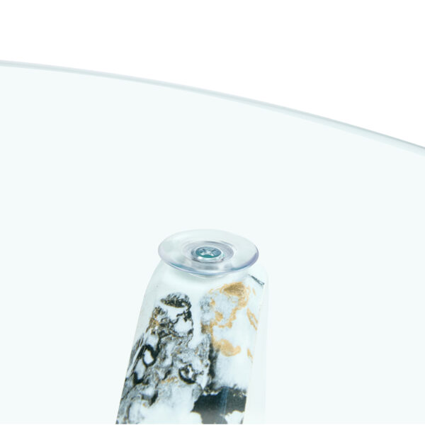 76f89dc4ccb643d1a3cd353efbb0e929_3975c9a26f3f167553a01cd5e58275d9 Round glass coffee table, 33.4 "modern design unique coffee table. Tempered glass countertop with white patterned MDF legs. Suitable for living and dining rooms