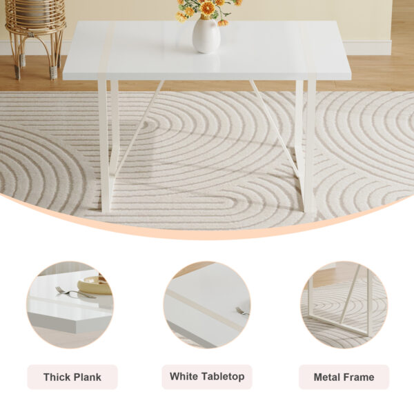 7700e8d6f7fa4de1b0d68d85c47875a5_b9cb6a1995f8036bf18c5552b5ebcd97 55"x31.5"Cream-Style White MDF Dining Table Set with 6 Armless Chairs.MDF Tabletop and metal legs.The backrest of the dining chair has a vertical line design.Adding a warm atmosphere to your family.