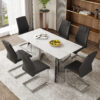Table and chair set.63"x31.5x30" Luxurious Snow Mountain Patterned Sintered Stone Table with Silver Stainless Steel Butterfly Legs.Paried With 6 Black High-quality PU Chairs With Arched Metal Legs.