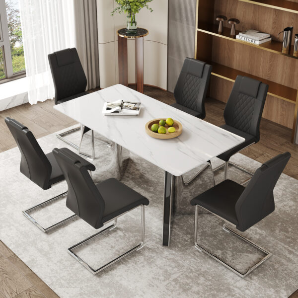 771080a741f943158efc4ea3b5e9881d_fcd7111248f226302faaea63055c86eb Table and chair set.63"x31.5x30" Luxurious Snow Mountain Patterned Sintered Stone Table with Silver Stainless Steel Butterfly Legs.Paried With 6 Black High-quality PU Chairs With Arched Metal Legs.