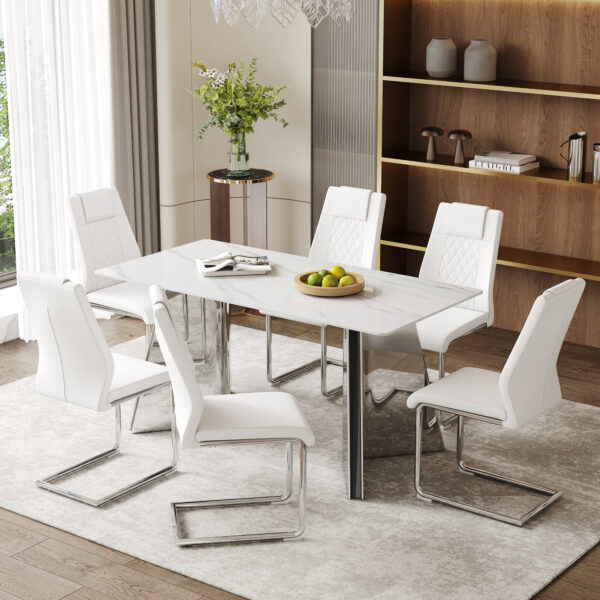 771834a7485247459b032d7051caa74e_1bdcd593bb95d07ba6c850b8ac41c743 Table and chair set.63"x31.5x30" Luxurious Snow Mountain Patterned Sintered Stone Table with Silver Stainless Steel Butterfly Legs.Paried With 6 White High-quality PU Chairs With Arched Metal Legs.