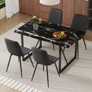 Table and chair set.Modern Black Marble Pattern MDF Dining Table Set - 55"x31.4" with 4 Extended Seat Cushion PU Dining Chairs.Black Cushion.Iron Pipe Spraying Chair Legs.