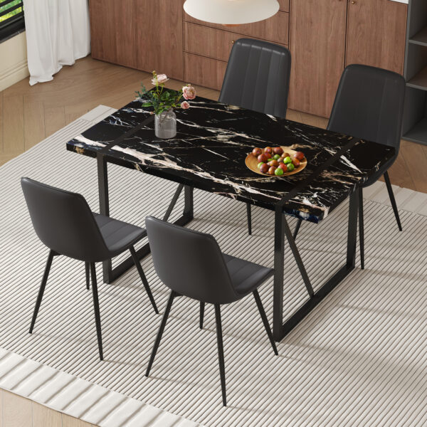 773359372e534f90a400292be252ac26_aabe715dababe96009e385f8558cd33c Table and chair set.Modern Black Marble Pattern MDF Dining Table Set - 55"x31.4" with 4 Extended Seat Cushion PU Dining Chairs.Black Cushion.Iron Pipe Spraying Chair Legs.