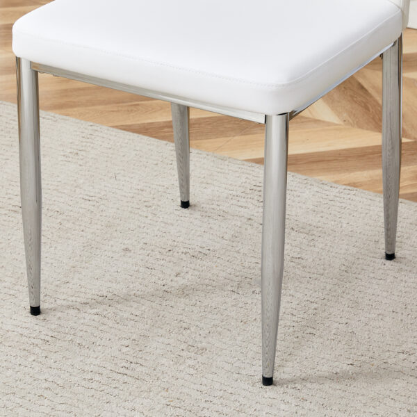 77363d54a66f4224a0d73884b862c65b_9d0f8c778d7f35d0c9810b45c74ea589 Set of Eight White PU Comfort Dining Chairs (17.7"x25").Dining chair with extended backrest,WHITE PU,Silver metal legs,Suitable for various places such as family restaurants, hotels, coffee shops,etc.