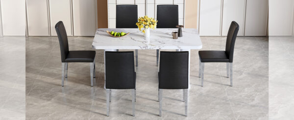 773bd01b849c4c2e9b1a82646b9c462a_82a1bf249a2ce165c842a4037ab820aa Table and chair set.64.5x35.4 Inch Stylish White Marble Textured Dining Table.Paried With 6 Black PU dining chairs, Silver Metal Legs.Simple and versatile.High Elasticity Sponge Filling.