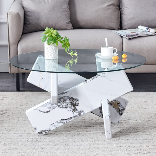 774e3955226b4f2abb713f303ec9bef1_34baff2658dbe8f88459c72d34fef4d5 Round glass coffee table, 33.4 "modern design unique coffee table. Tempered glass countertop with white patterned MDF legs. Suitable for living and dining rooms
