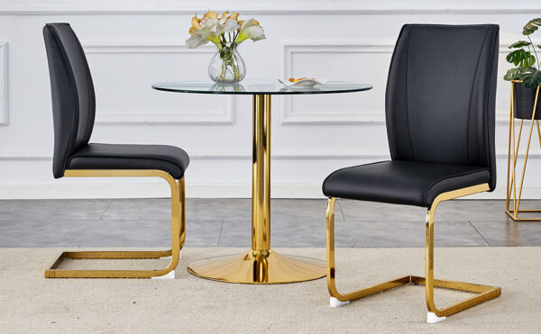 77593655afcf4a4f883c1157c6210db6_2af9e92151ee42f81003ddb012fad031 Luxury Simple Arch Chair - Set of 2 BLACK PU Material High Resilience Dining Chair with Arched Metal Gold Leg.
