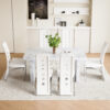 Table and chair set.63"*35.4" White Imitation Marble Pattern MDF Dining Table Set - 6 PU Chair With White Saddleback, Geometric Pattern Backrest,Silver Curved Metal Leg.Suitable For Various Scenes.
