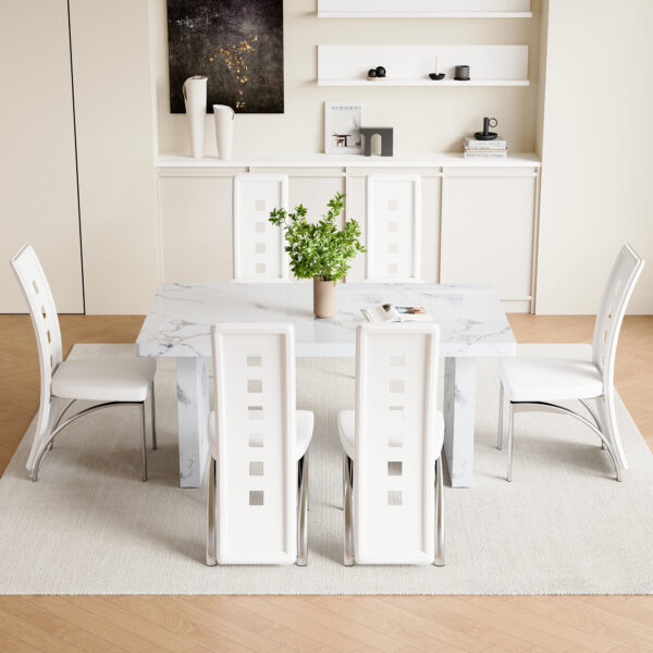 7760aa51a020430991f3d6c697d69ef2_583ddfd38252b82d0ea90e6ee6cacd5a Table and chair set.63"*35.4" White Imitation Marble Pattern MDF Dining Table Set - 6 PU Chair With White Saddleback, Geometric Pattern Backrest,Silver Curved Metal Leg.Suitable For Various Scenes.