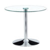A 35-inch diameter glass top and a modern, minimalist round dining table with silver metal legs. Ideal for dining rooms, living rooms and meeting rooms.