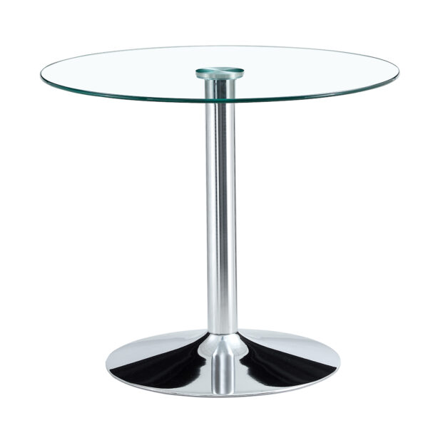 77745d3b2bdf46018cfdf7ffac30e73a_20240320_0d6e022fe72c4a83729388cd063e31de A 35-inch diameter glass top and a modern, minimalist round dining table with silver metal legs. Ideal for dining rooms, living rooms and meeting rooms.