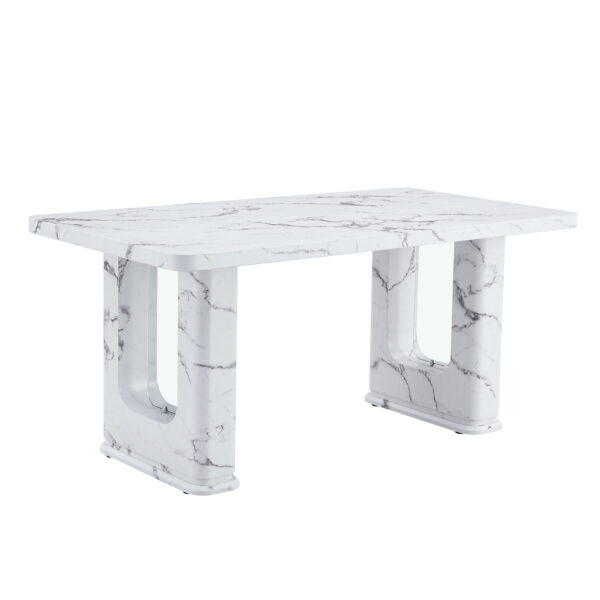 77894029c4604bf988bf40c2eca5011f_0877ec32eb433d512a46cef4ed977b65 64.5 x 35.4 Inch Stylish Marble Textured Dining Table, Perfectly Blending Simplicity And Transparency. Made of MDF Material With White Marble Texture Stickers, It Exudes A Strong Sense Of Fashion.