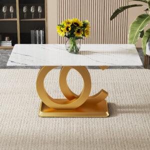 A large modern minimalist rectangular dining table suitable for 6-8 people, equipped with gold MDF OC shaped brackets and aureate base, suitable for kitchen, living room, dining room F-OC