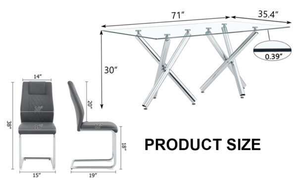 77a2653e4c2049219dae82525aa3e875_26459647e5d754b15708612bd3dfd664 Table and chair set.71''*35.4'' Inch Modern Luxurious Transparent Tempered Glass Dining Table Set with 8 Chairs.Double Fork Silver Metal Table Legs.Dark Gray High-quality PU Dining Chairs.