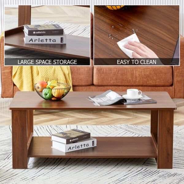 77c82fdbd00b41248201b261876b3934_20231011_d3f261238f164d3f6b95b23f0e3f4ff2 Modern and practical walnut textured coffee tables , tea tables. The double layered coffee table is made of MDF material. Suitable for living room 43.3"*21.6"*16.5" CT-16