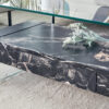 43.3 Inch Modern Two-Tier Coffee Table - Clear Tempered Glass and Black Marble Texture, Multifunctional Storage Design.The bottom tier includes a drawer.Can be used as a coffee table,side table,etc.