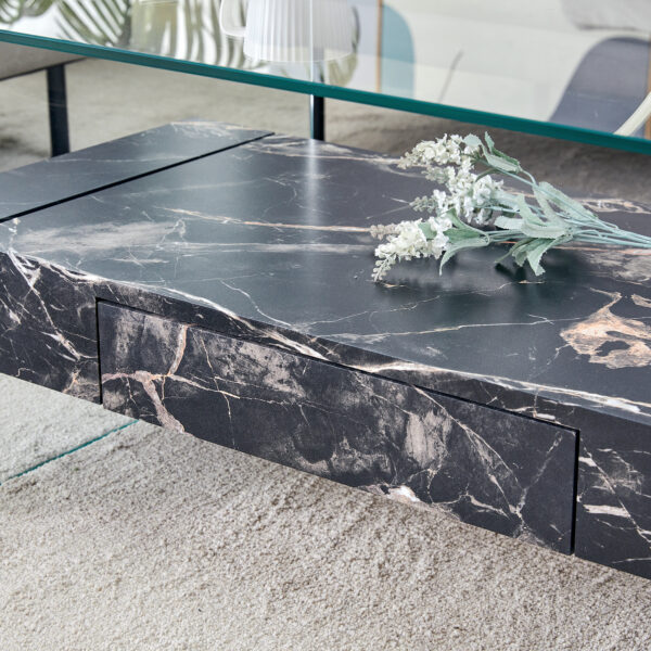 7800dd06e4b9413db4aea4558ebf1e2b_b014196a4221512509a1985911a92a42 43.3 Inch Modern Two-Tier Coffee Table - Clear Tempered Glass and Black Marble Texture, Multifunctional Storage Design.The bottom tier includes a drawer.Can be used as a coffee table,side table,etc.