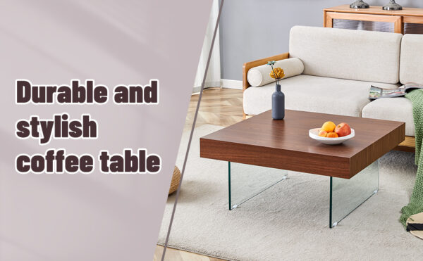 781d1e8152954707b6c3f609e04d2e9c_853343564bbaa47108200cdeb0c70f29 Walnut Colored Square MDF Coffee Table - 31.5"x31.5" with Tempered Glass Legs.Density Board Sticker,Reinforced Glass Legs.Walnut Colored Texture Sticker.