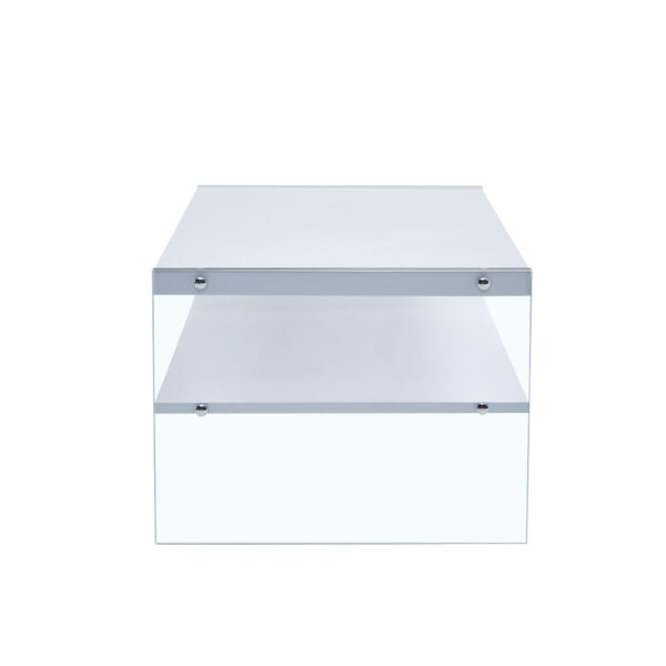 Double rectangular coffee table. The board surface is MDF, with white stickers, and both sides are transparent tempered glass. Suitable for living room, bedroom and other occasions.