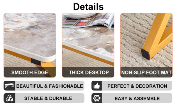 784833298c22423ca05c9ea5b3ab2579_bb82c5354f16c43765304fa5682453ce A coffee table is made of rock slab material, with a natural and smooth marble pattern on the surface, which complements the modern design of the golden metal legs and adds a touch of fashion.47*23.6