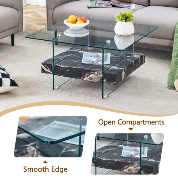 78568c7b1f0a4efe8194732ca14e9edd_3346cc6e44358f3f0daff9764d4ebc7f 31.4 Inch Modern Two-Tier Square Coffee Table - An Elegant Combination of Clear Glass and Black Marble Pattern Sticker.It can be used as a coffee table,a side table or a display stand.