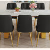 Table and chair set.Luxurious Style Tempered Glass Dining Set-71"x35.4"with 8 Black PU Chairs with Simple Line Designs On The Backrest .Golden Metal Legs.Tempered Glass Top With White Texture sticker.
