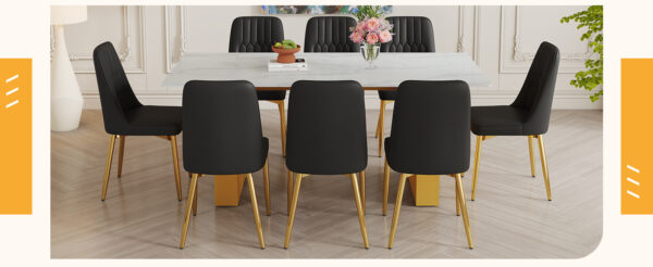 78694ea6f1844dea806f367481cb3a01_5d0111e25a6efe76668d9405a31e29ab Table and chair set.Luxurious Style Tempered Glass Dining Set-71"x35.4"with 8 Black PU Chairs with Simple Line Designs On The Backrest .Golden Metal Legs.Tempered Glass Top With White Texture sticker.