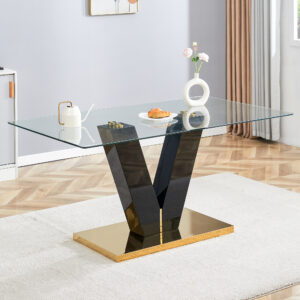 Large Modern Minimalist Rectangular Glass Dining Table for 6-8 with 0.4" Tempered Glass Tabletop and MDF slab V-Shaped Bracket and metal base,For Kitchen Dining Living Meeting Room Banquet Hall F-V