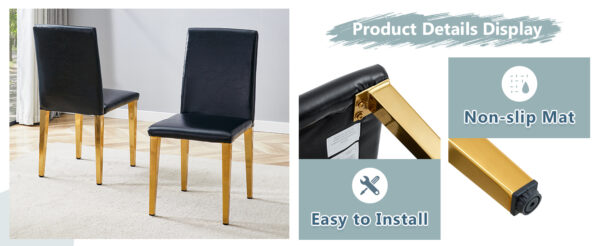 7879a09211ca4f70bfa14949b0708f9f_d6067028c2c45fb279416fecd391cb6a Two Black PU dining chairs, Golden Metal Legs.Simple and versatile, comfortable and accompanied. Exquisite and versatile dining chairs unlock a comfortable new experience.(Set of 2)