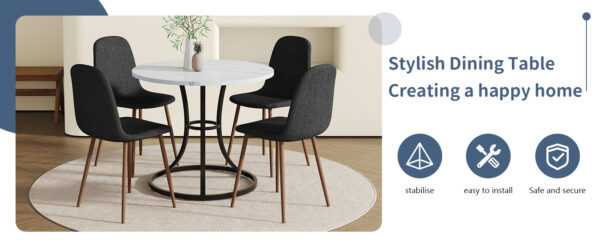 7887349ff4bc46ea94ab8d6e0bf538df_9c2799e79205e19ddb51a23641ea967f Table and chair set.A Modern Minimalist Circular Dining Table With A Diameter Of 33.3 Inches.Paired With 4 Black Linen-Cotton Material High Resilience Dining Chair with Metal Leg.