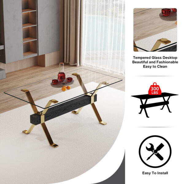 78a8449f6d9645d692640d9a04de9208_05d5a0e8c9b097669e83f75b7d3ce604 Table and chair set.Elegant Transparent Tempered Glass Dining Set - 71"x35.4" with 8 Light Gray PU Chairs with golden C-tube metal leg.X-shaped Golden Metal Table Legs,Black Textured MDF Crossbeam.