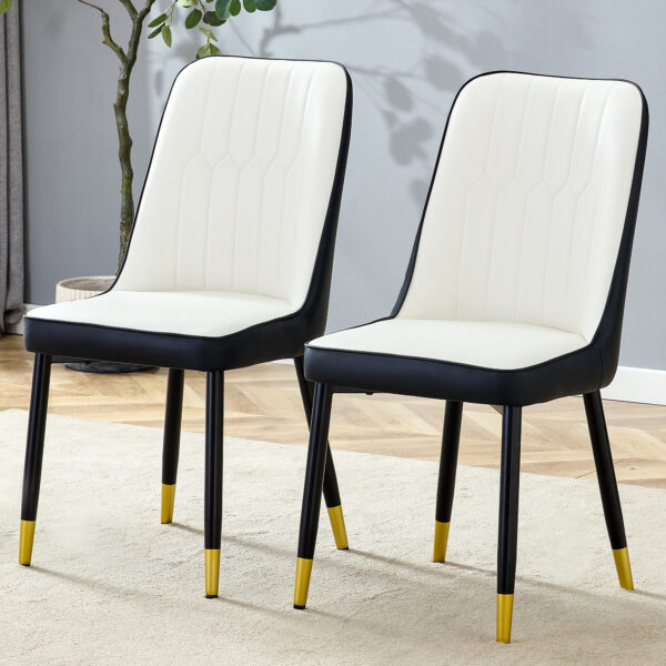 78af82cc4adb476780ecfe2823a269c1_c344f7af9c4d2ee5272a66d82cced3d1 Modern Two-Tone PU Dining Chairs - White and Black spliced chairs With Gold Decorated Legs.White and Black spliced,Black Metal Legs,Set of 2 chairs.