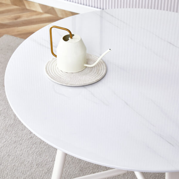 78c4328cb9484bda915283624a1c13ba_b9735b0c7e9b21a5b8e701a0caf041d6 Table and chair set, MDF desktop, white metal table legs, stable and beautiful, suitable for most styles of home. Modern simple dining table, comfortable seating.