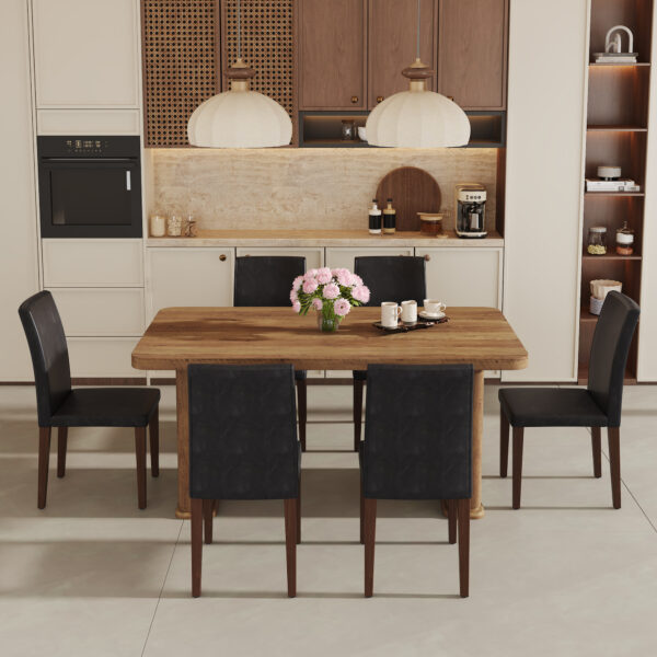 78cad9db4c7844ca86de7a1400359b73_a1f1a942625781888f5a4d33264d8d01 Table and chair set.64.5 x 35.4 Inch Stylish Wood Color Textured Dining Table.Perfectly Blending Simplicity And Transparency.Paried With 6 Black PU Dining Chairs with Walnut Color Metal Leg.