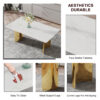 Table and chair set.The table has a glass top with imitation marble pattern stickers and stainless steel golden legs. Paried with chairs with PU artificial leather backrest cushions and black legs.