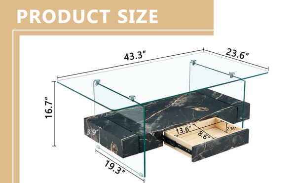 78d70e86243a4675935e74c054b9238f_e25014afa112feba83d167782f71d7e3 43.3 Inch Modern Two-Tier Coffee Table - Clear Tempered Glass and Black Marble Texture, Multifunctional Storage Design.The bottom tier includes a drawer.Can be used as a coffee table,side table,etc.