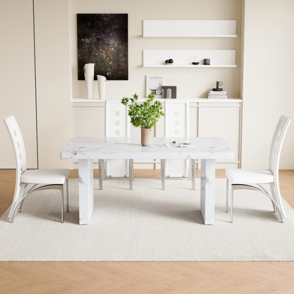 792fc0d0e4ce4233ab2847ec4bfaf4fe_0fed3530422569a5e4a96f73cb31e886 Table and chair set.63"*35.4" White Imitation Marble Pattern MDF Dining Table Set - 4 PU Chair With White Saddleback, Geometric Pattern Backrest,Silver Curved Metal Leg.Suitable For Various Scenes.
