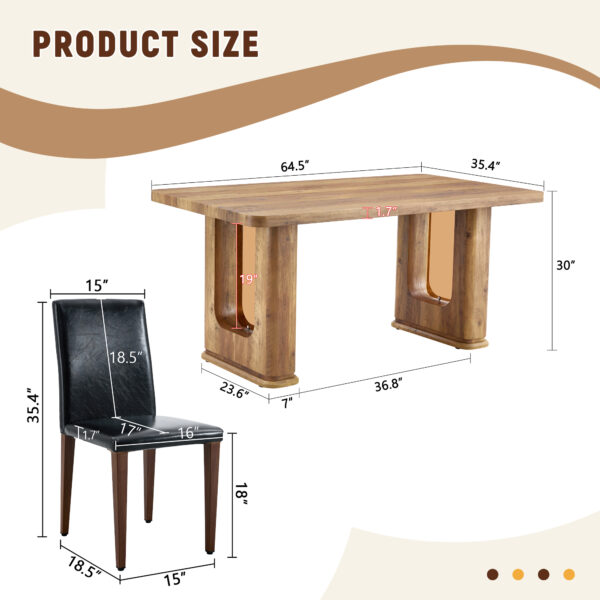 793b7c998f844d82a00b6418c91a473d_08bfacb1403ef9a574394c3b7e8052b7 Table and chair set.64.5 x 35.4 Inch Stylish Wood Color Textured Dining Table.Perfectly Blending Simplicity And Transparency.Paried With 4 Black PU Dining Chairs with Walnut Color Metal Leg.