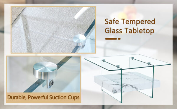 7943fc2954904cbd9c7c80f3dee961d3_a88dd113a4d0191d40d5ee838cab4976 31.4 Inch Modern Two-Tier Square Coffee Table - An Elegant Combination of Clear Glass and White Marble Pattern Sticker.It can be used as a coffee table,a side table or a display stand.