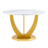 Table and chair set.Luxurious Snow Mountain White Slab Round Dining Table Set - 47"x47" with 4 Black PU Chairs with Simple Line Designs On The Backrest .Golden Metal Legs.